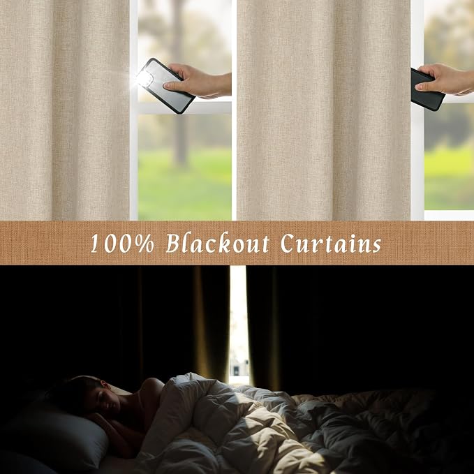 95 Inch 100% Blackout Linen Curtains 2 Panels - Image 3