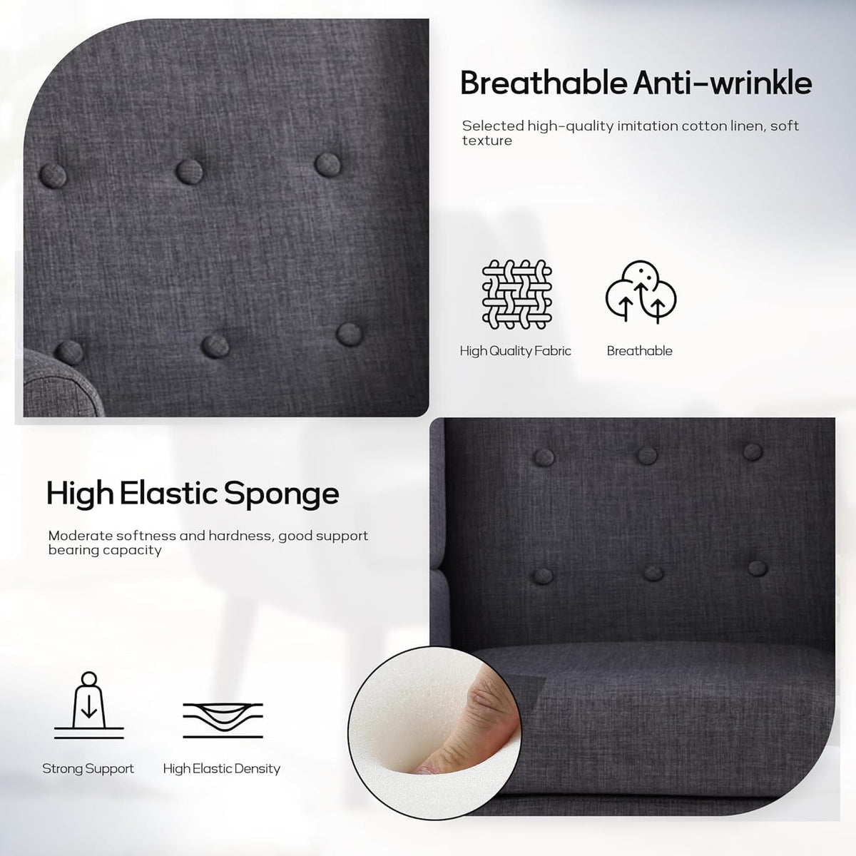 HUIMO Accent Chair Living Room Chair, Upholstered Button Tufted Armchair, Linen Fabric Sofa Chairs for Bedroom, Living Room, Mid Century Modern Comfy Reading Chair (Grey)