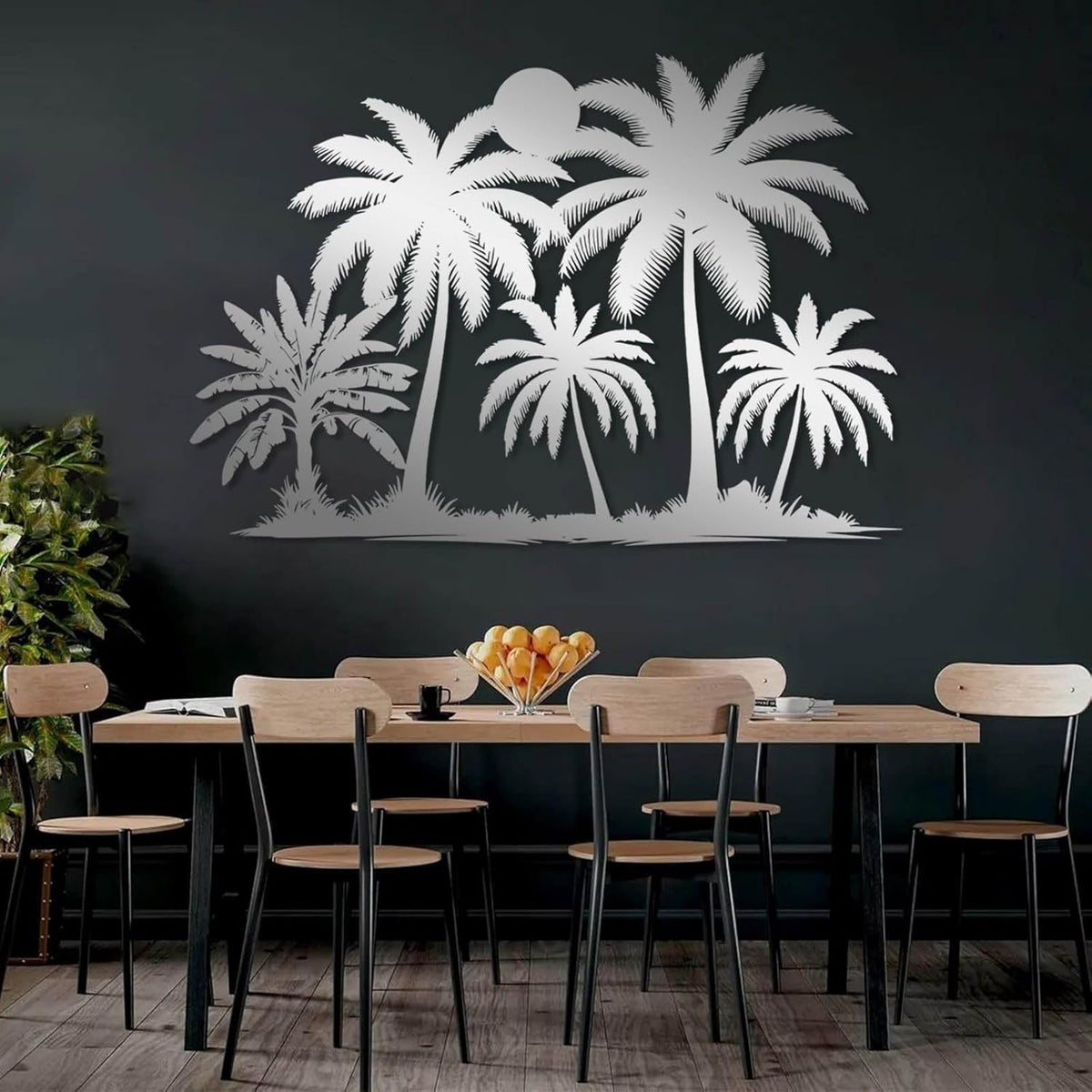 Tuglona Metal Palm Tree with Sunset Wall Decor, Tropical Palm Tree Metal Wall Art, Tropical Wall Decor, Sun Wall Art, Beach Wall Decoration, Coastal Trees Wall Hanging (Silver, 30"x21"/76x53cm)