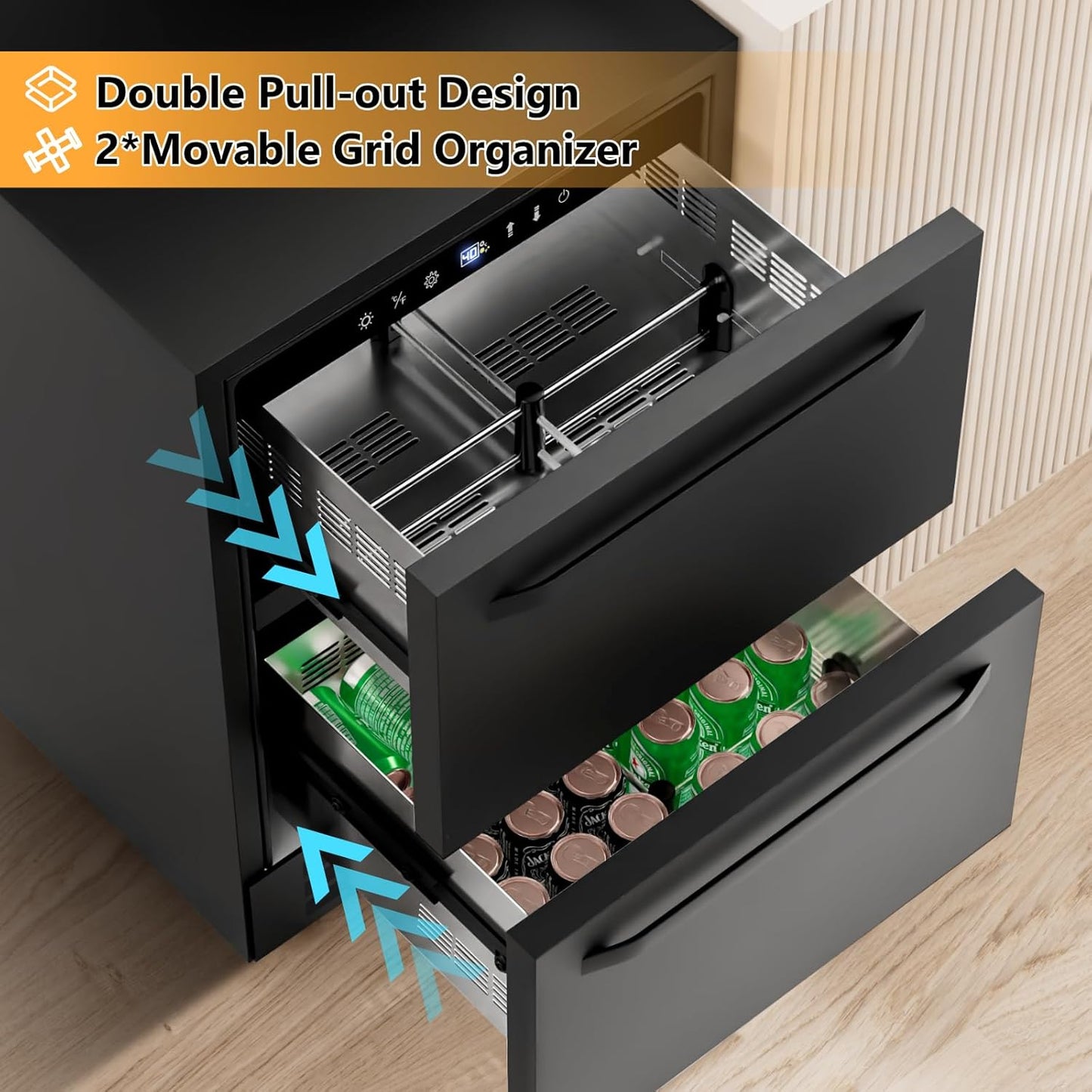 24 Inch Under Counter Dual Drawer Beverage Fridge, Weather Proof Outdoor Beverage Refrigerator for Patio, Stainless Steel Built-in Beverage Cooler for Home & Commercial Use, Black