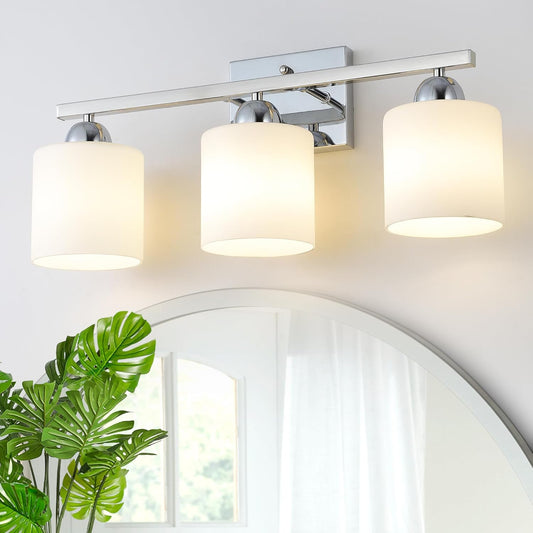 Stainless Steel Milk Glass Vanity Lights for Bathroom, 3 Light Chrome Bathroom Light Fixtures Over Mirror, Ceramic E26 Sockets Wall Mounted