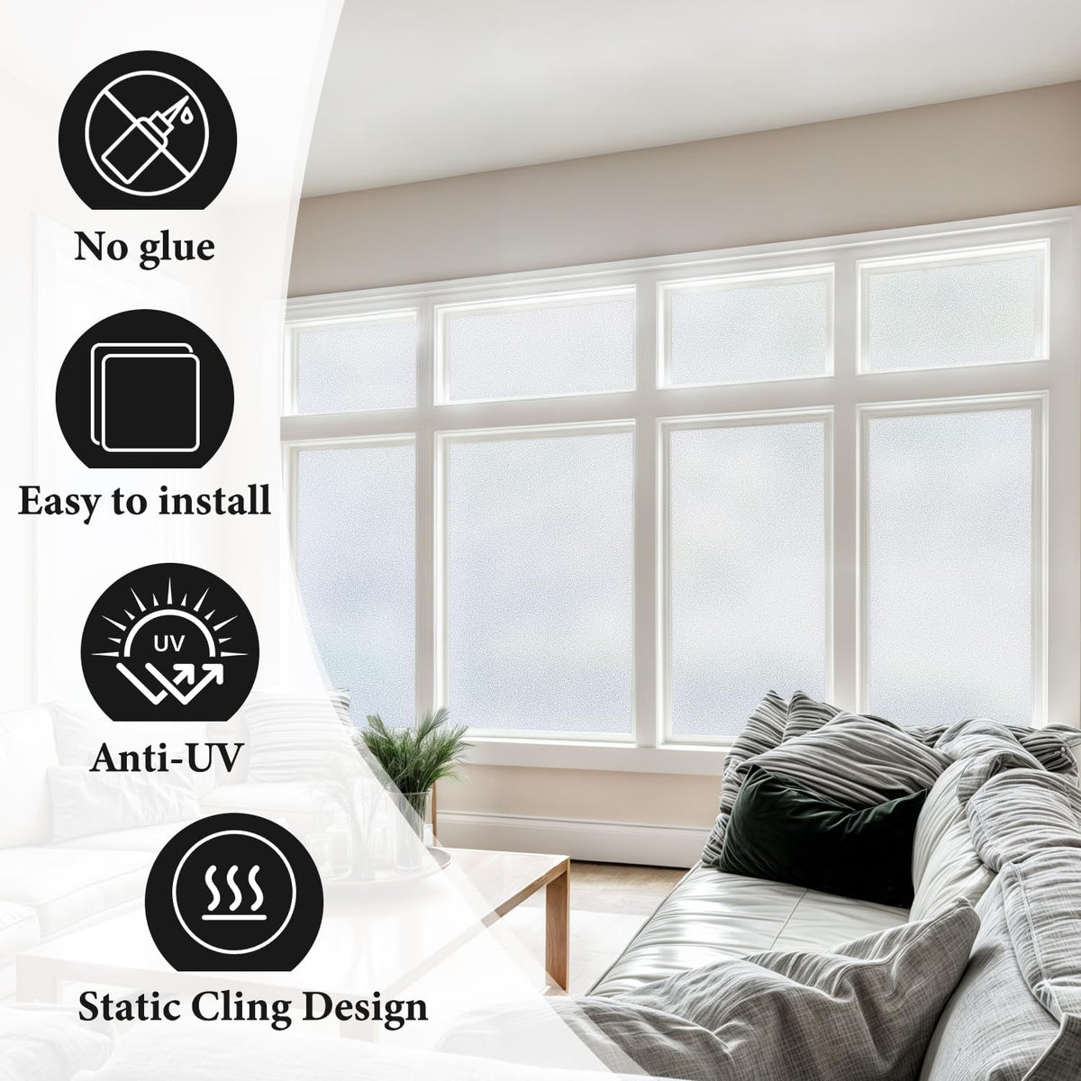 DUOFIRE Privacy Window Film Natural Frosted Glass Film Static Cling Glass Film No Glue Anti-UV Window Sticker Non Adhesive for Privacy Office Meeting Room Bathroom Living Room 35.4 x 157.4 inch. S001