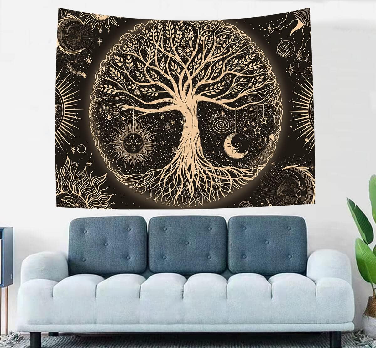FORATER Tree of Life Tapestry Wall Hanging Sun Moon Stars Tapestries Aesthetic Galaxy Wall Tapestry Nature Home Decoration for Living Room Bedroom(53 x 61 Inch, Black and Gold)