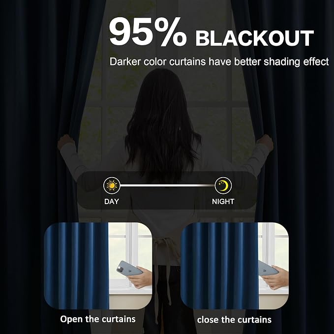 Dark Navy Blue Pleated Blackout Curtains 2 Panels Set, Thermal Insulated Room - Image 3