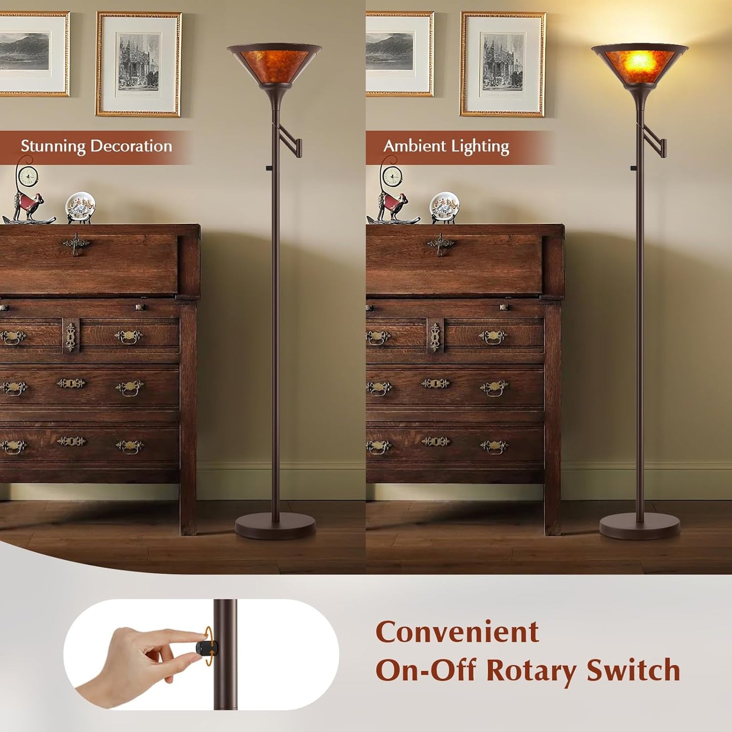 Floor Lamps for Living Room - 70" Brown Torchiere Standing Floor Lamp with Adjustable Swing Arm - Tall Corner Lamp Decor for Bedroom with Mica Shade LED Reading Light for Home Office