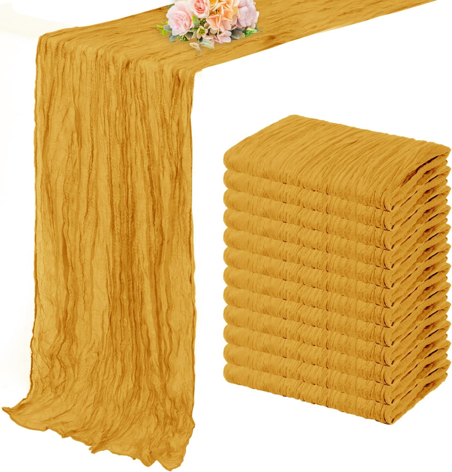 12 Pack Mustard 10FT Cheesecloth Table Runner Rustic Gauze Fabric Cheese Cloth Table Runner for Wedding Bridal Baby Shower Table Decor Boho Sheer Birthday Party Table Decorations 20 x 120 Inch Long
