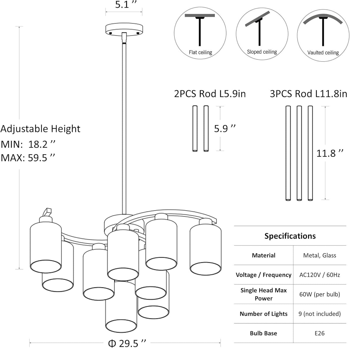9-Light Gold Glass Chandelier, Adjustable Height Dining Room Light Fixtures Over Table, Contemporary Hanging Chandelier for Kitchen Island Living Room Foyer Office, Clear Glass Shade
