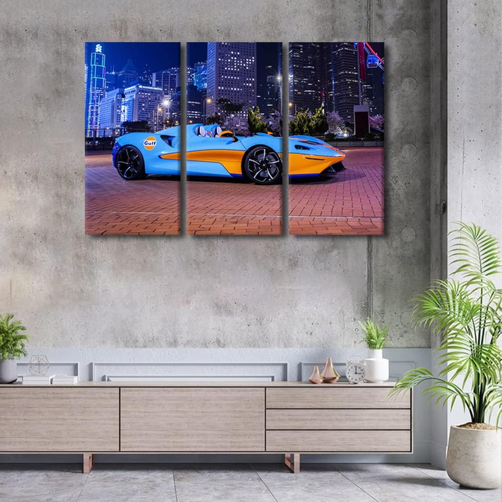 TUMOVO Blue and Orange Sports Car Canvas Wall Art City Night View Wall Art for Living Room Pictures for Bedroom Modern Home Decor Office Bathroom Decorations Artwork Framed Ready to Hang, 36" Wx24 H