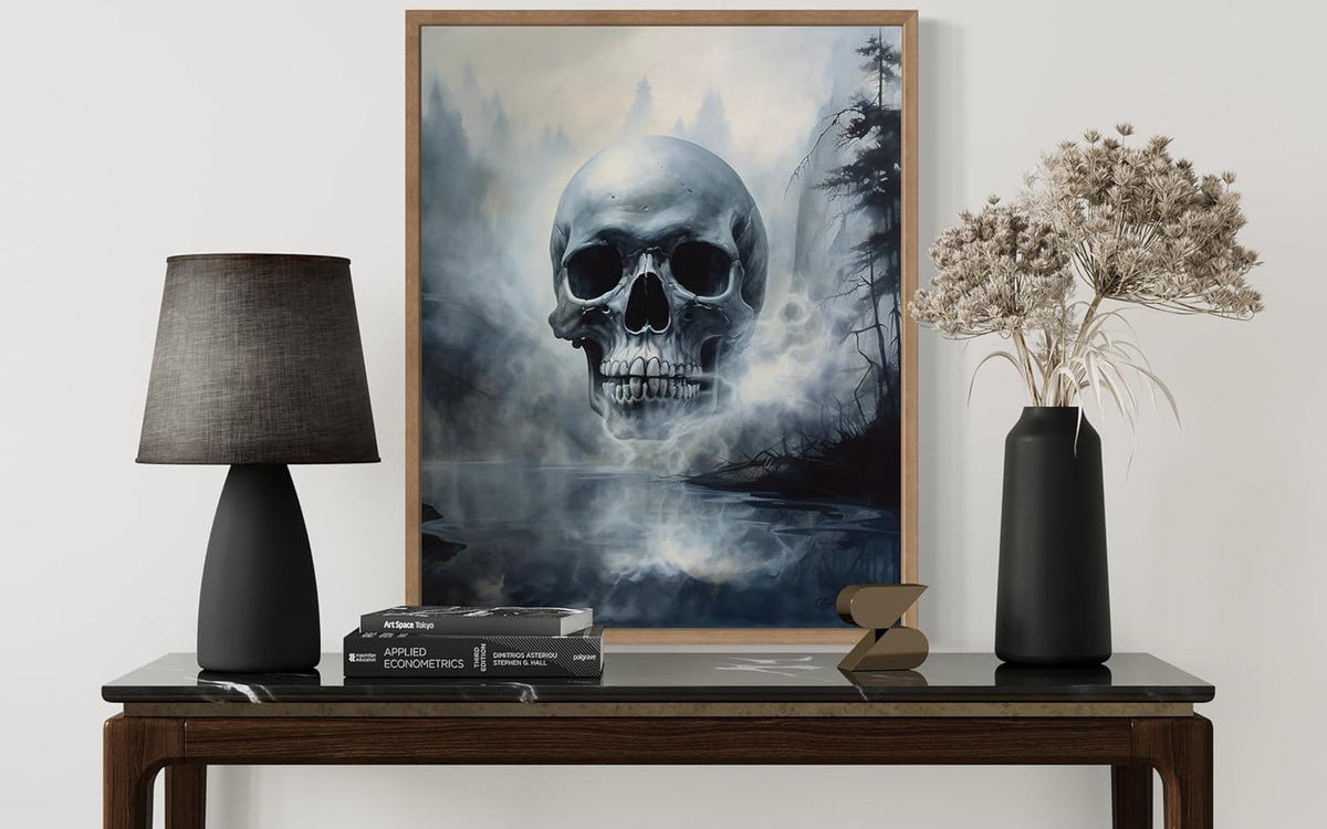 Foggy Skull Poster Art Print, Halloween Scary Vintage Wall Art Academia Spooky Painting Decoration for Horror Prints, Gothic Posters Bedroom Decor 89 (Foggy Skull, 8 x 10 inches, Wood Frame)