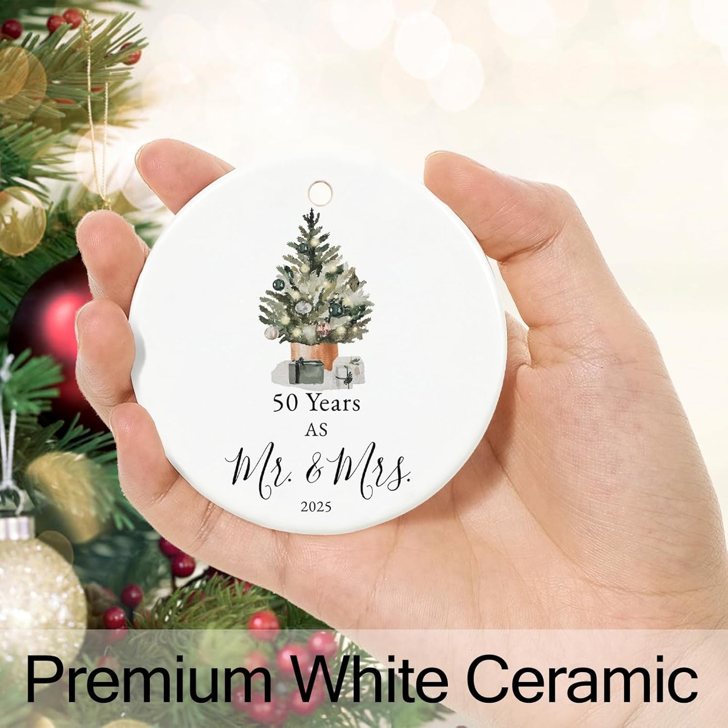 50th Anniversary Ornament Gifts for Parents,Couple, 50th Wedding Anniversary for 50 Year as Mr and Mrs Gifts, Ceramic Keepsake 50th Anniversary Christmas Ornaments with Ribbon and Box