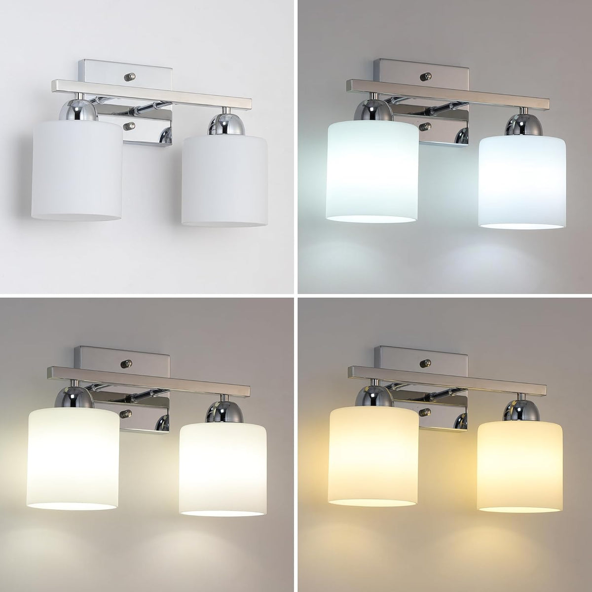 Stainless Steel Milk Glass Vanity Lights for Bathroom, 2 Light Chrome Bathroom Light Fixtures Over Mirror, Ceramic E26 Sockets Wall Mounted