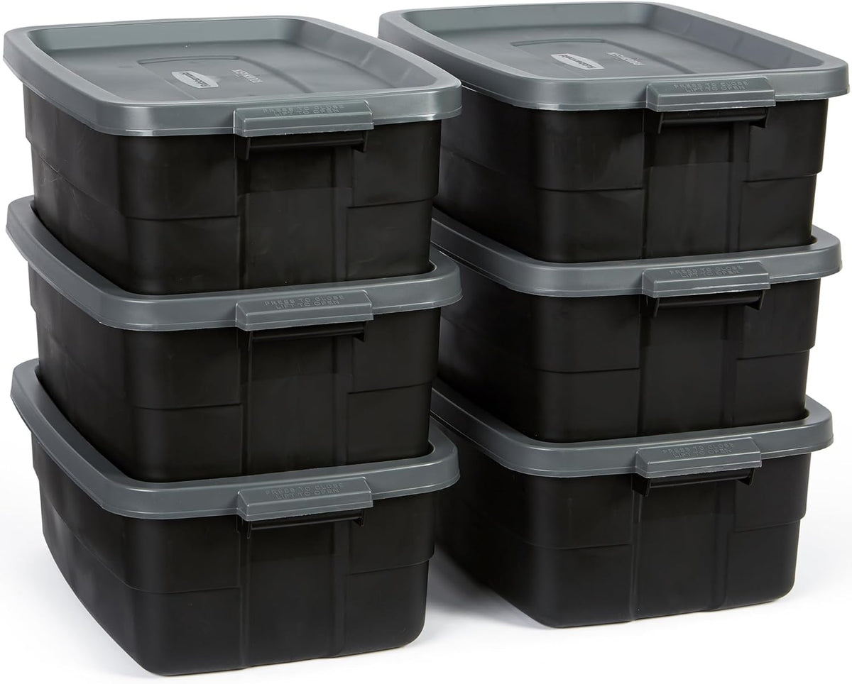 Rubbermaid Roughneck Tote 10 Gal, 6 Pack, Made in USA, Black & Gray, Rugged Plastic Stackable Storage Bins with Lids and Handles