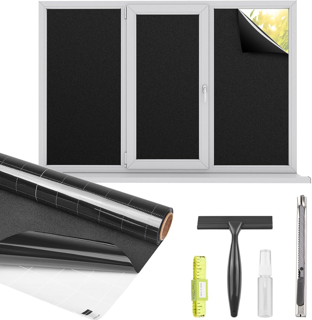 Kromapolis Blackout Window Privacy Film Total Light Blocking Room Darkening Window Covering, Removable Static Cling Frosted Glass Tint, Non-Adhesive, Black 35.4'' x 314.9''