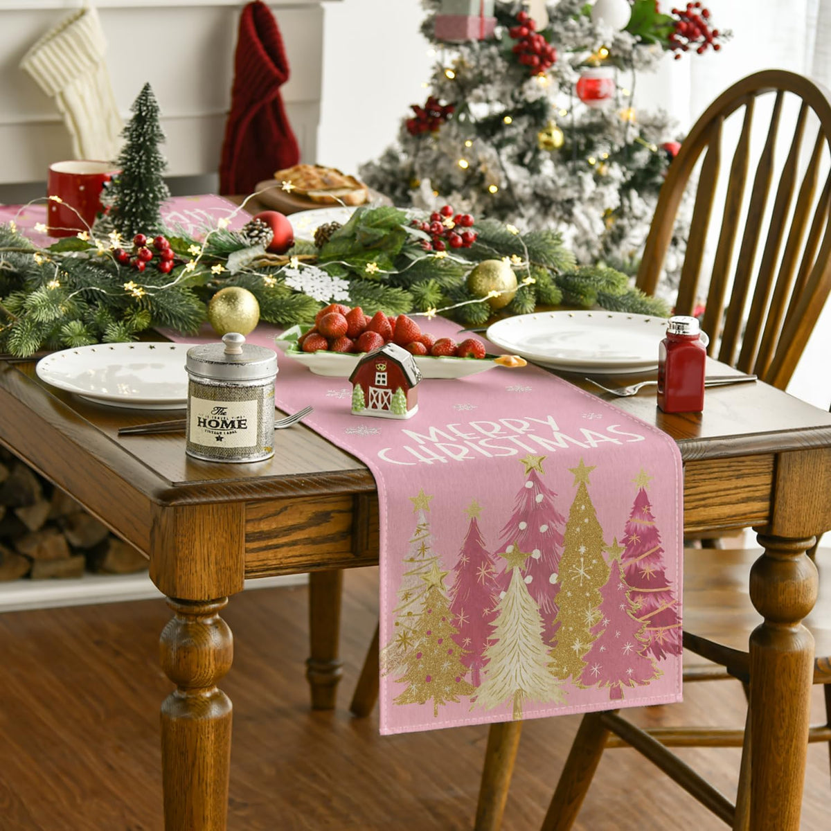 Artoid Mode Xmas Trees Snowflakes Pink Merry Christmas Table Runner, Winter Seasonal Kitchen Dining Table Decoration for Home Party Decor 13x48 Inch