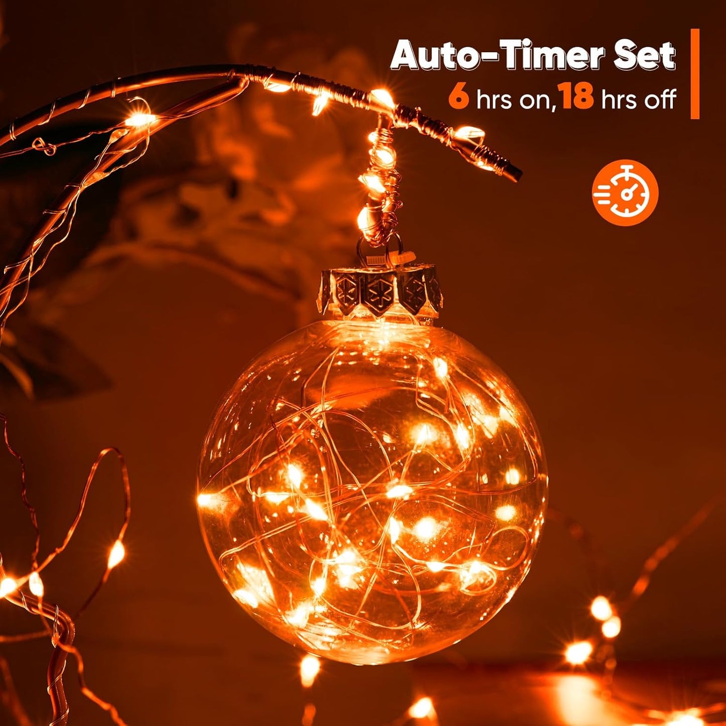 1 Pack 65.6 Ft. Battery Operated Outdoor String Lights with Remote & Timer, LED Orange Fairy Lights, Waterproof Twinkle Lights for Bedroom, Dorm, Mason Jar, Wedding, Party, Christmas