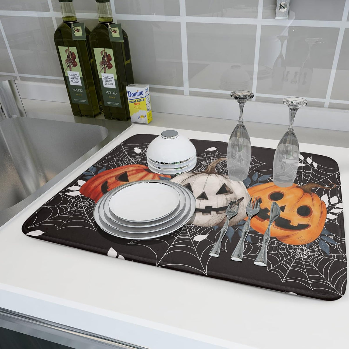 Halloween Dish Drying Mat for Kitchen Counter Spooky Pumpkins Spiderweb Super Absorbent Reversible Microfiber Kitchen Countertop Protector Dishes Pad Large 18x24 inch