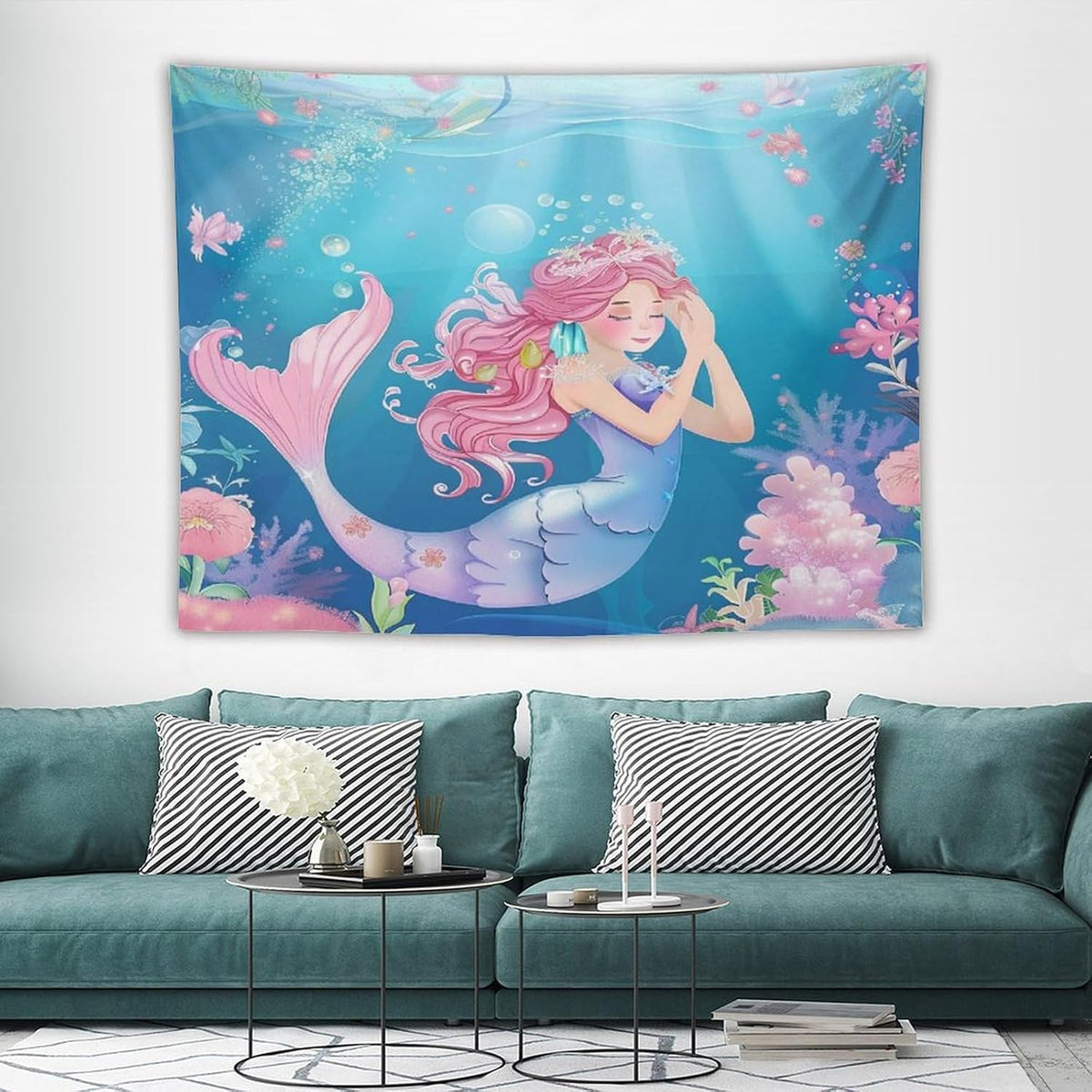 HZOHNAGO Mermaid Girls Tapestry Watercolor Flowers Mermaid Princess Blessing Pattern for Kids Room Decoration Printed Wall Tapestry Wall Hanging for Bedroom Living Room Dorm 80" W x 60" H