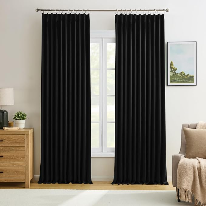 72 Inch Wide Black Pinch Pleated Curtains 72 x 84, Thermal Insulated Noise by KEQIAOSUOCAI
