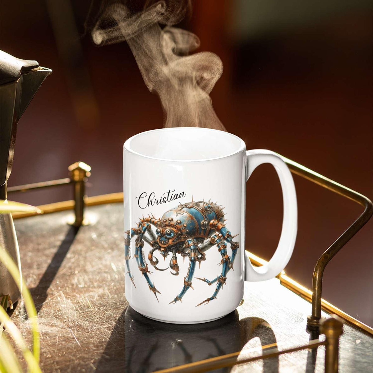 Personalized Steampunk Insect Mug, Customizable Name Mechanical Character Coffee Cup 11oz, Unique Cyberpunk Design Ceramic Mug, Customized White Cup Gift For Sci-Fi Enthusiasts