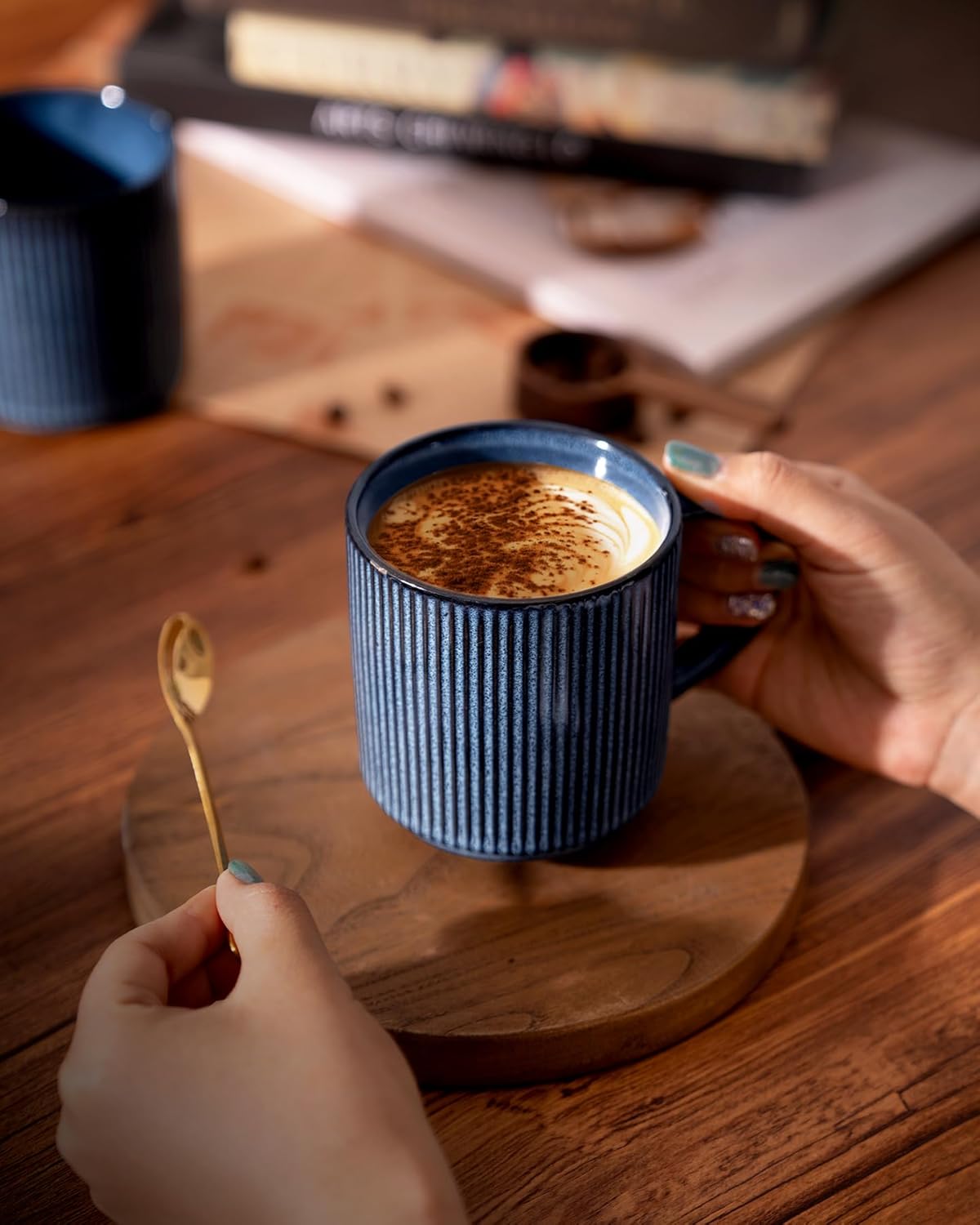 famiware Coffee Mug Set for 4, Star 12 oz Catering Mugs Cup Set with Handle for Coffee, Tea, Cocoa, Milk - Ceramic Stoneware Drinkware Set, Nebulas Blue