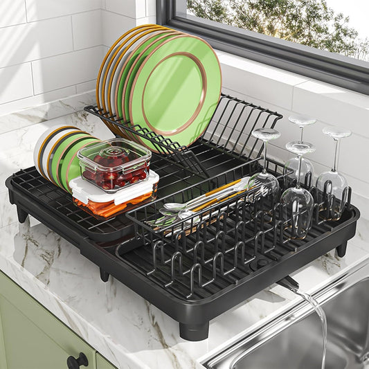 LEMIKKLE Dish Drying Rack, Large-Capacity Dish Drainer with Cutlery Holder Rotatable Water Drainer for Kitchen Counter,20.5" D x 16.1" W x 5.5" H