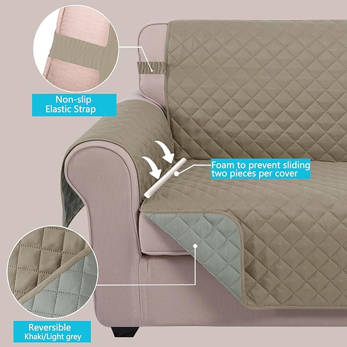 U-NICE HOME 4 Seater Sofa Cover 91''Large Couch Cover, Khaki/Light Grey | - Image 4