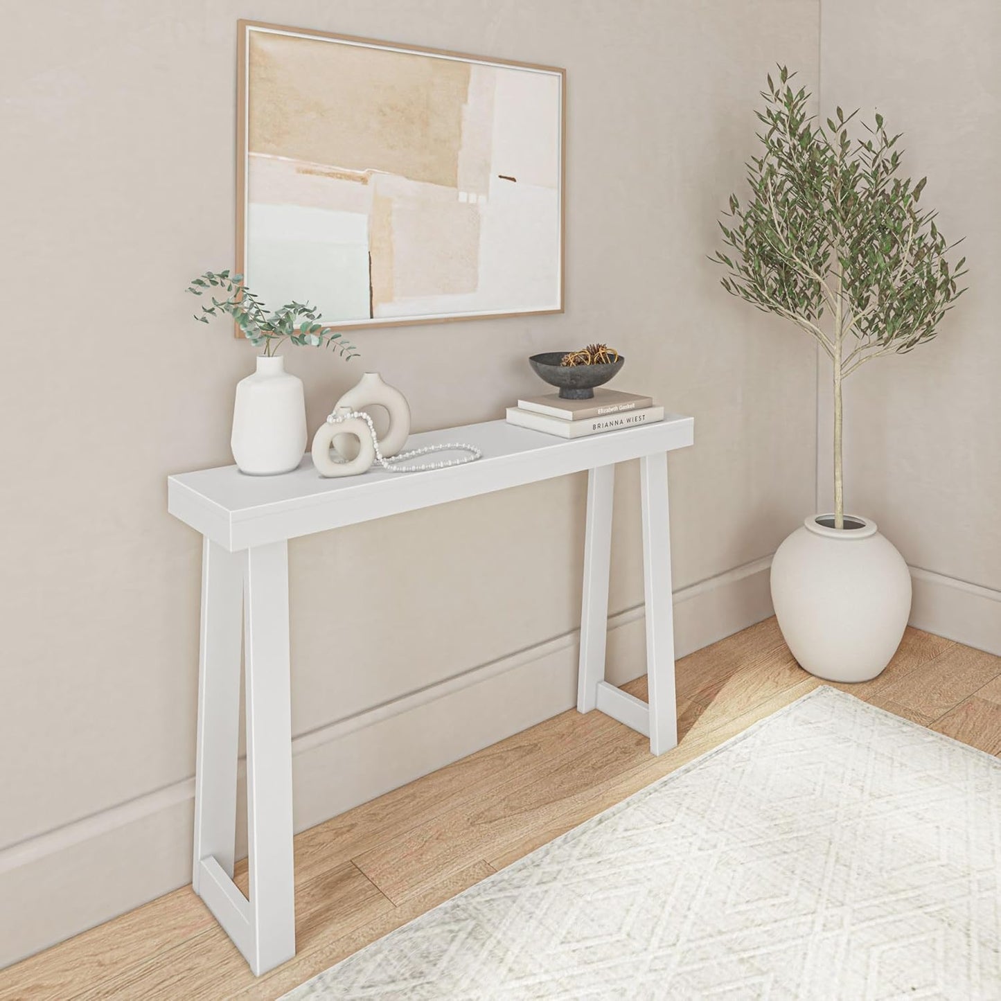 Plank+Beam Solid Wood Console Table, 46.25 Inch, Sofa Table, Narrow Entryway Table for Hallway, Behind The Couch, Living Room, Foyer, Easy Assembly, White