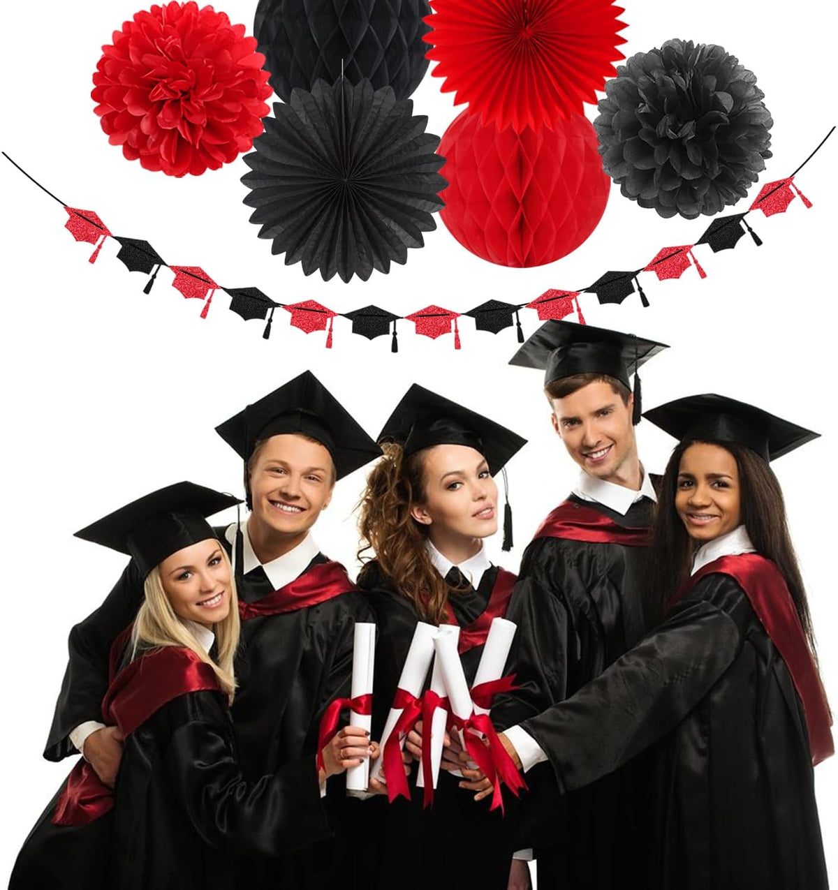 Red Black Party-Decoration Graduation Banner - 14pcs Kits Cap Garland Streamers, Paper Tissue Pom Poms Flowers Fans Honeycomb,Class Of 2025 College High School Grad Decor Hugfond