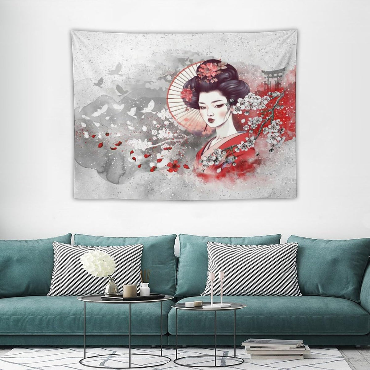 Japanese Geisha Tapestry Asian Red Cherry Blossom Traditional Kimono Folk Tapestries Home Decor for Living Room Bedroom Apartment Farmhouse Dorm 40"x30"