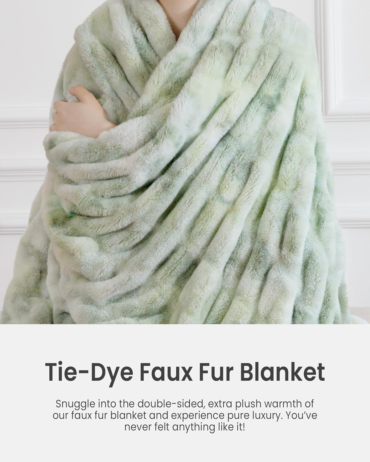 Faux Fur Blanket, Throw Blanket for Couch, Fluffy Blanket with Stretch Ruched Design, Ultra Soft Giftable Home Decor, 50x60 inches, Tie-Dyed in Sage Green