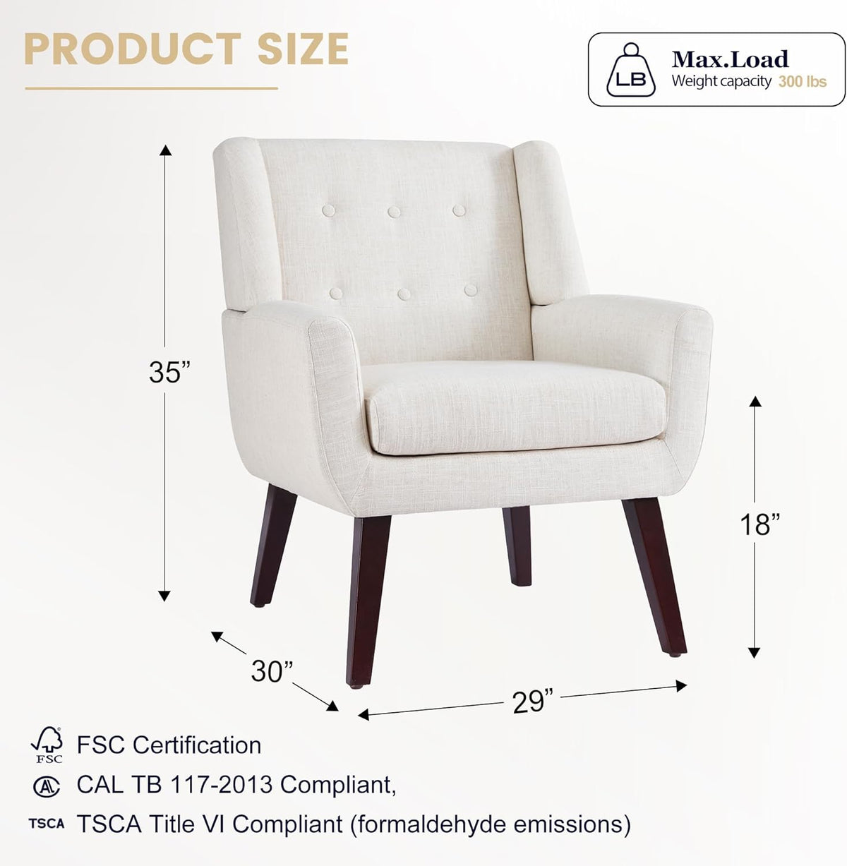 HUIMO Button-Tufted Accent Chairs Set of 2,Upholstered Reading Living Room Chair,Mid Century Modern Chair with Linen Fabric, Club Chair,Comfy Arm Chairs for Living Room,Bedroom,Beige