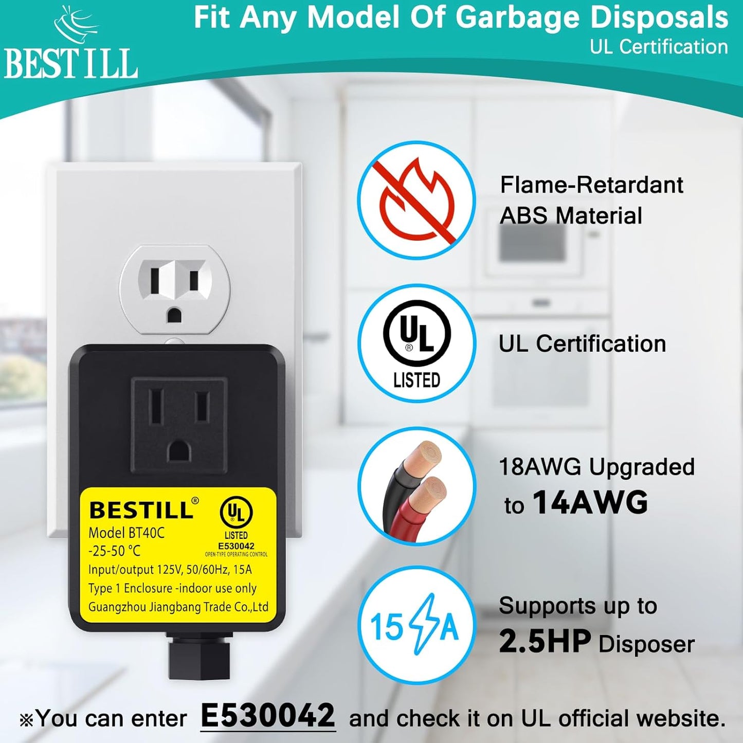 BESTILL Garbage Disposal Air Switch Kit, Square Raised Push Button Ideal for Long Nails, Cordless Sink Top Brass Switch for Food Waste Disposer, Matte Black, Compatible with all Garbage Disposals