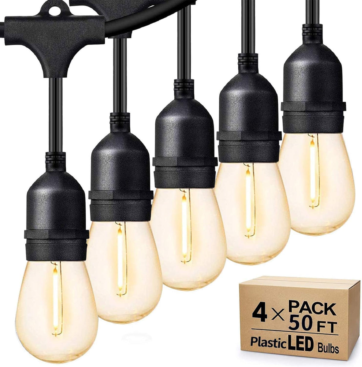 Svater Outdoor String Lights 200 FT, E26 Socket, 64pc S14 Shatterpoof Bulbs, 1 Watt Dimmable 2700K Warm White, IP65 Waterproof Commercial Grade Patio Light (4 Pack X 50FT)
