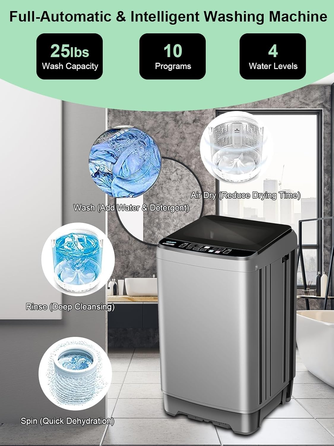 25 lbs Full Automatic Washing Machine with LED Display Compact Washing Machine with Drain Dump, 10 Wash Programs and 8 Water Levels Ideal for Dorms, Apartments, RV, Grey