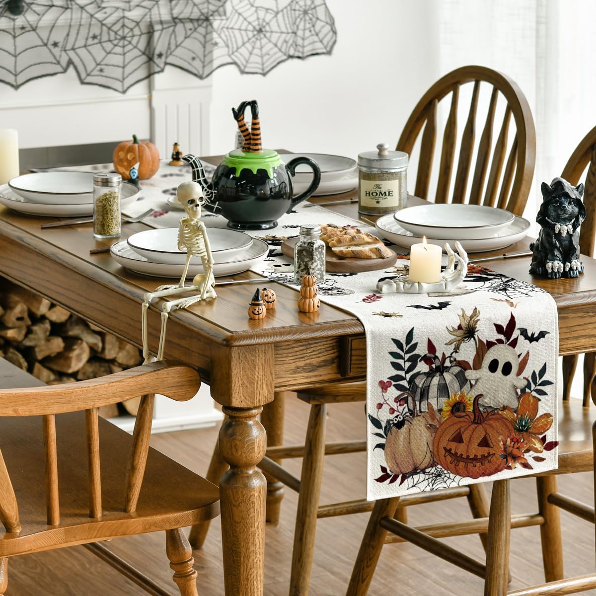 Artoid Mode Pumpkin Ghost Leaves Spider Web 210 GSM Halloween Table Runner, Spooky Kitchen Dining Table Decoration for Home Party Decor 13x120 Inch