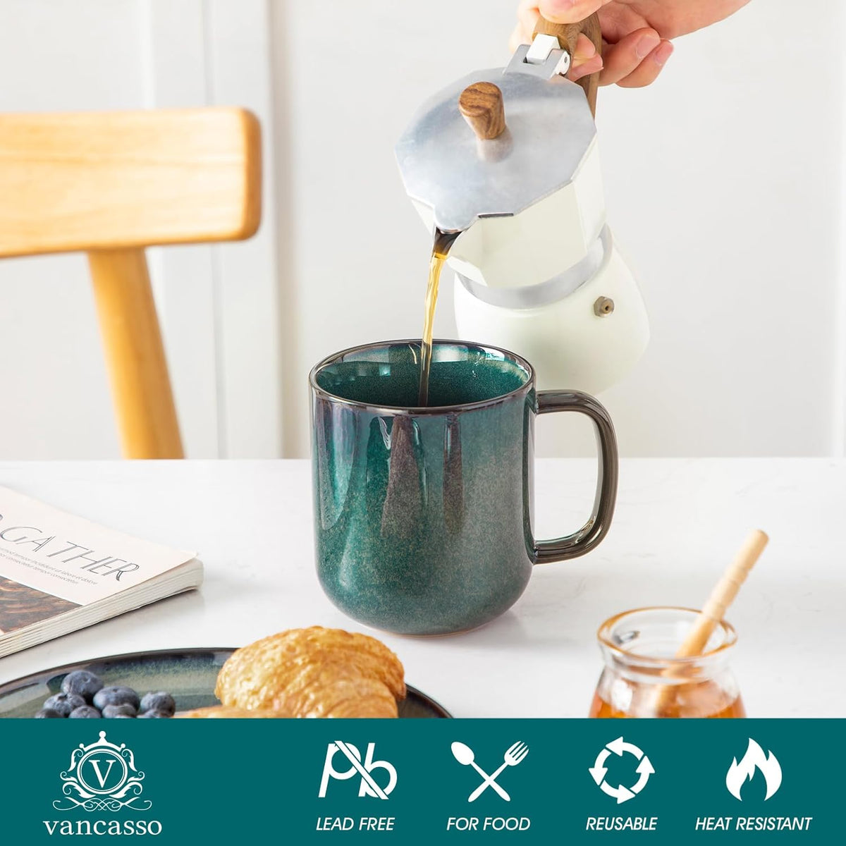 vancasso STARRY Coffee Mugs Set, 16 oz Ceramic Coffee Cups for Americano Hot Tea Iced Coffee Cold Brew Cocoa Milk Stoneware Mugs Set of 6, Dishwasher & Microwave Safe, Green