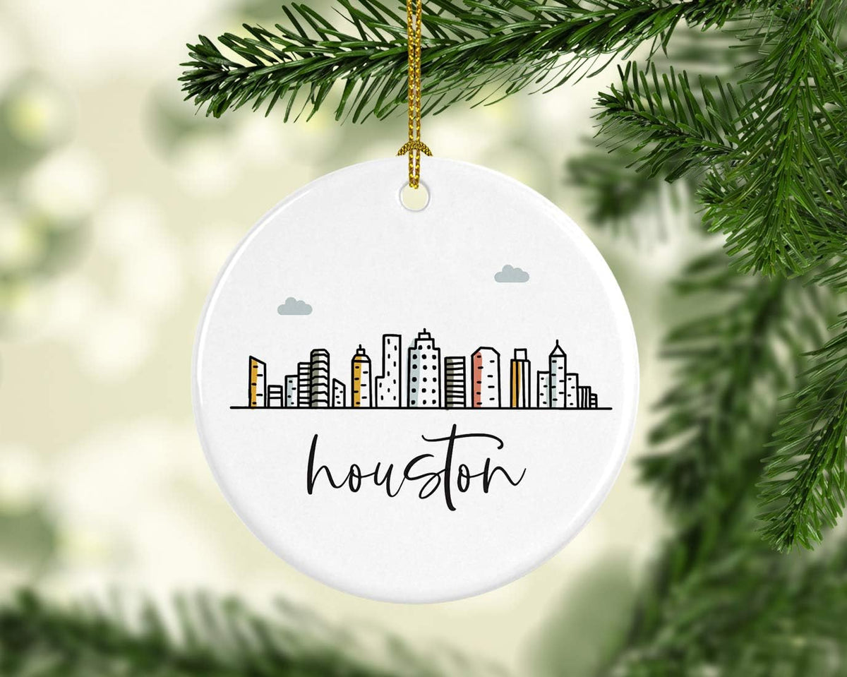 Andaz Press Round Ceramic Porcelain Christmas Tree Ornament Keepsake, Houston Colorful City Skyline Graphic, 1-Pack, Birthday Gift Ideas Family Coworker Him Her, Includes Gift Box