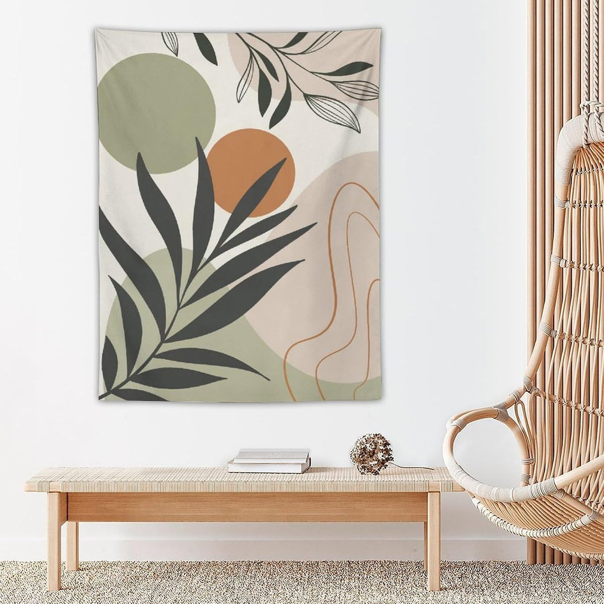 Abstract Bohemian Mid Century Tapestry, Tropical Leaves Modern Geometric Archway Minimalist Bohemian Botanical Aesthetic Wall Hanging, Sage Green Gold Home Decor Art for Bedroom 60x60 Inch