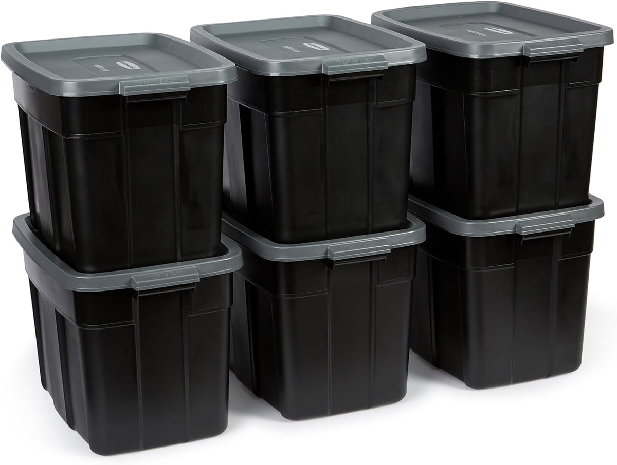 Rubbermaid Roughneck Tote 18 Gal, 6 Pack, Made in USA, Black & Gray, Rugged Plastic Stackable Storage Bins with Lids and Handles