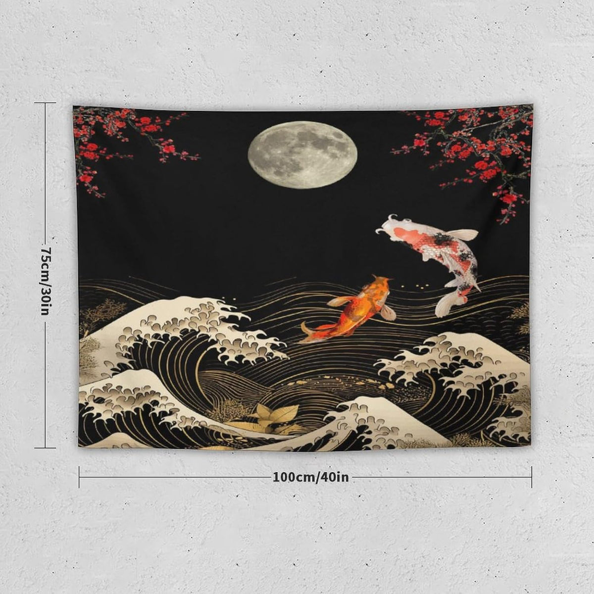Houselerax Koi Fish Tapestry, Japanese Style Yin Yang Big Wave Cherry Blossom Tapestries Wall Hanging for Bedroom Living Room Office Decor 40"x30"
