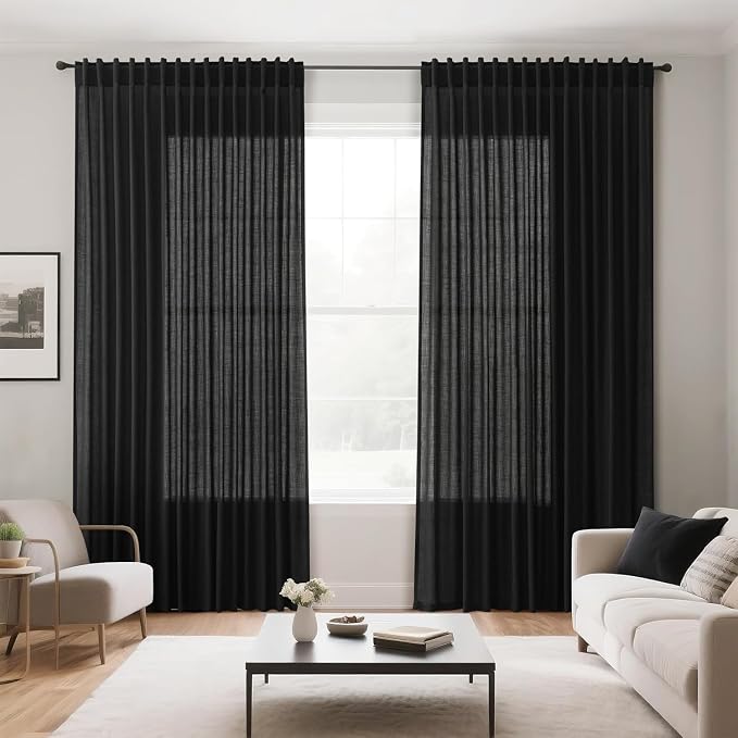 Linen Curtains 84 Inch Length for Living Room Bedroom Black Simple Modern Semi - Image 7