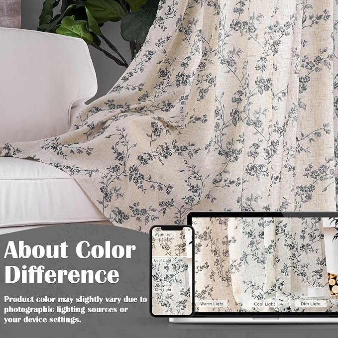 Extra Long Black Vintage Floral Linen Curtains Farmhouse 2 Panels | Elisa Series - Image 7