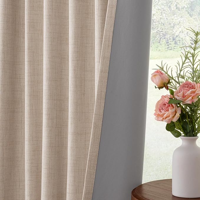 100% Blackout Curtains for Bedroom Oatmeal Linen Look Curtains 72 Inch Long | - Image 6