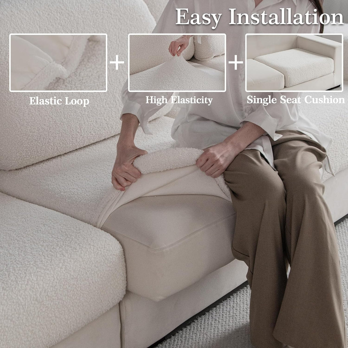 Couch Cushion Covers for Sectional Sofa, Stretch Soft Sofa Slipcovers Washable Wear-Resistant Universal Furniture Protector for Living Room(2 Seaters Covers, Ivory)