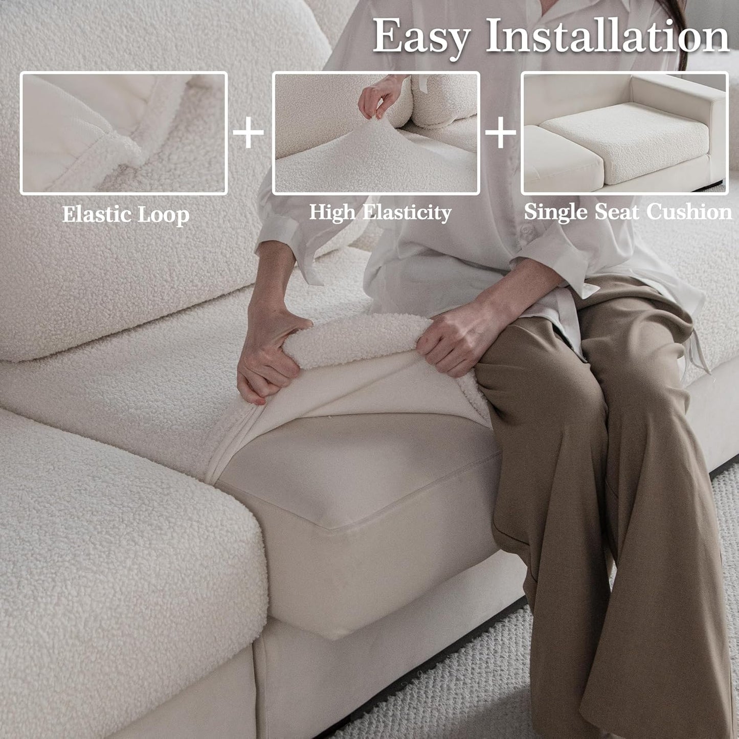 Couch Cushion Covers for Sectional Sofa, Stretch Soft Sofa Slipcovers Washable Wear-Resistant Universal Furniture Protector for Living Room(3 Seaters Covers, Ivory)