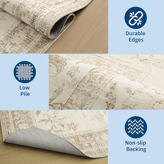 GarveeHome Vintage Beige Washable Kitchen Runner Rug: 2'6" x 8' Hallway Rug Non - Image 5