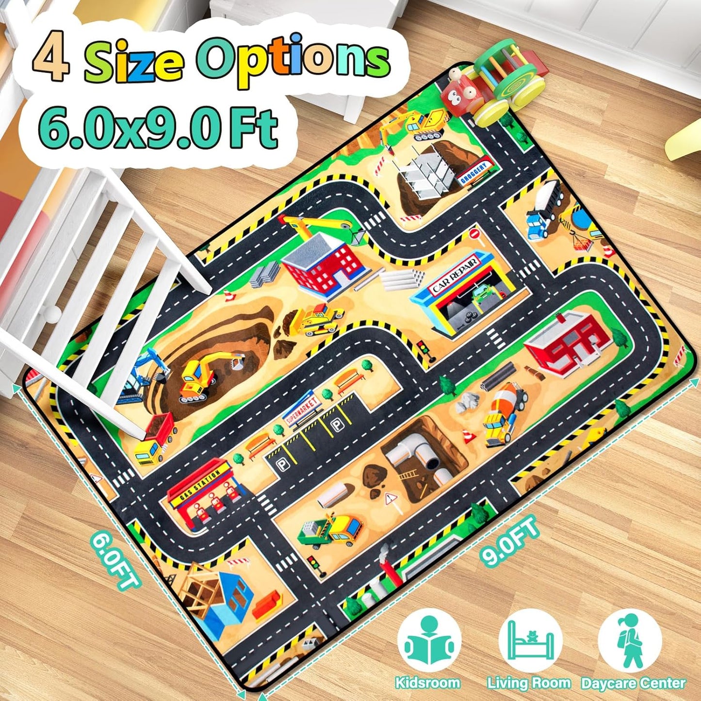 Kids 6x9 Ft Construction Site Play Rug, Baby Play Mat, Tufted Wool & Rubber, Non-Slip, Stain & Fade Resistant, Machine Washable, Rustic Cartoon Construction Site Pattern