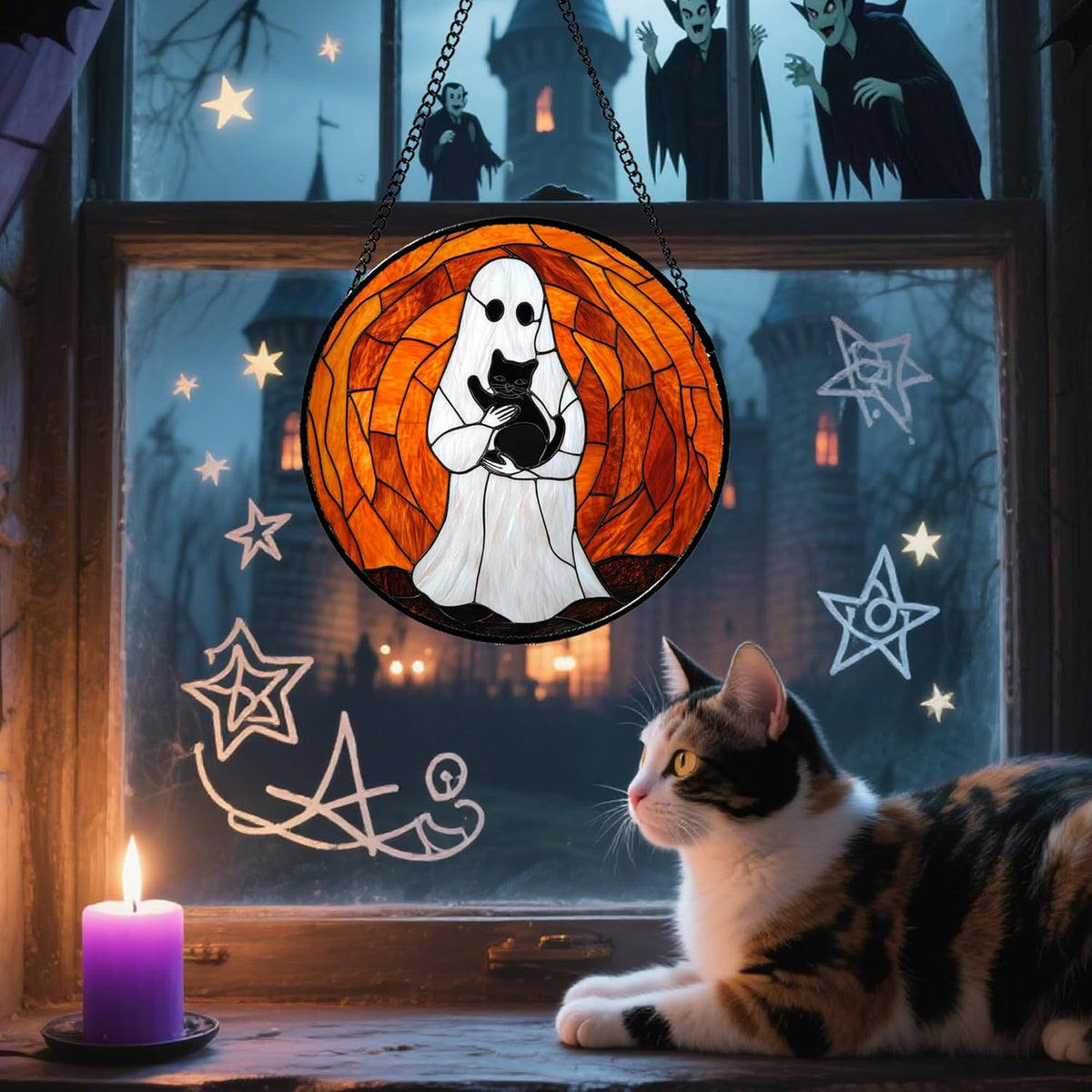 Stained Glass Window Hanging - Halloween Cute White Ghost Black Cat Suncatcher for Doors Garden Home Spooky Orange Sun Catchers Gothic Decor Horror Gift for Women Men Friend Boy Girl 11.8 in