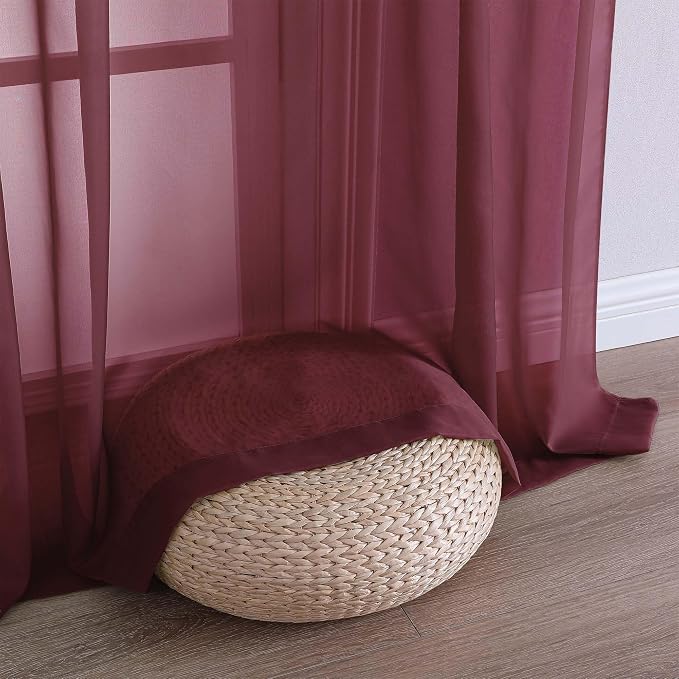 Burgundy Sheer Curtains 63 Inches Long 2 Panels Set, Light Filtering Sheer - Image 5