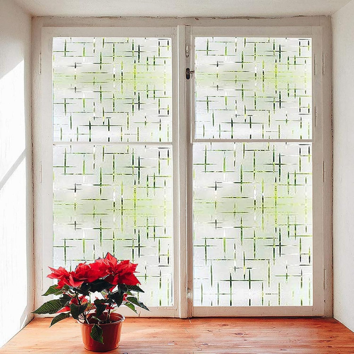 Finnez Frosted Window Film Non-Adhesive, Frosting Privacy Film for Glass Windows, Self Static-Cling Decorative Window Cling for Home Office UV Protection Cross Pattern, 35.4 x 157.4 inches